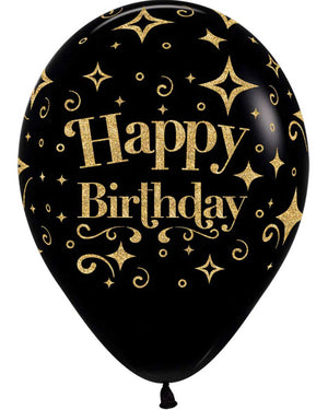 30cm Happy Birthday Glitter Gold Fashion Black Latex Balloons Pack of 25