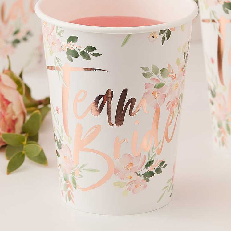 Floral Hen Party Team Bride 266ml Paper Cups Pack of 8