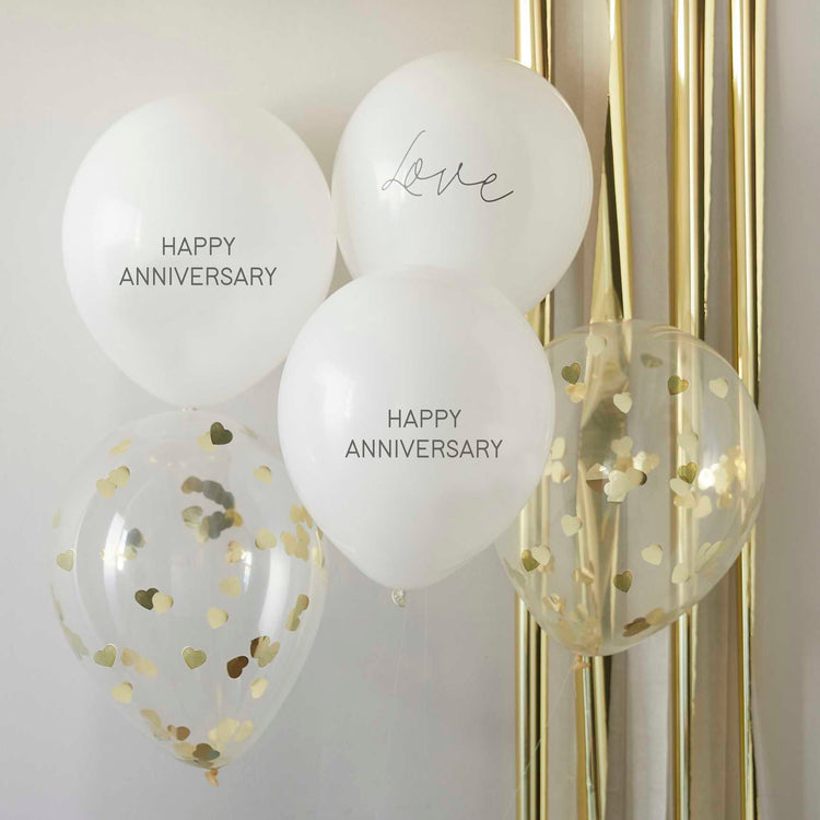 Anniversary Balloon Bundle Happy Anniversary & Heart Confetti White & Gold Pack of 5