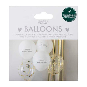 Anniversary Balloon Bundle Happy Anniversary & Heart Confetti White & Gold Pack of 5