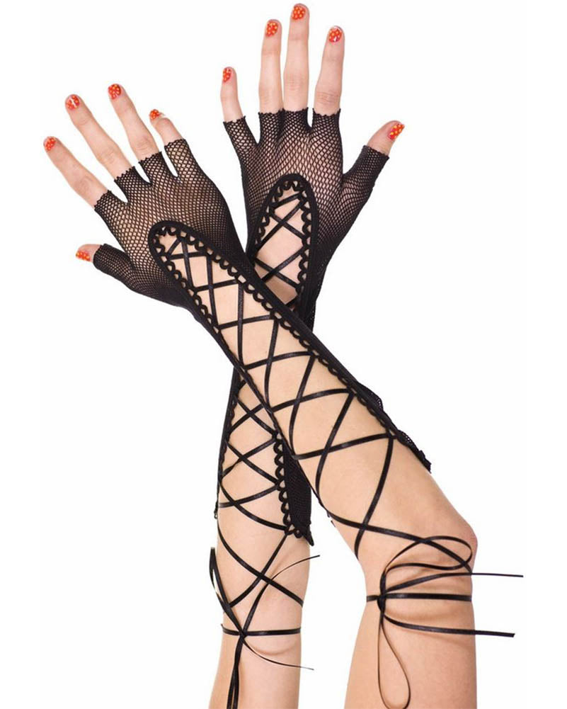 Black Fishnet Elbow Length Lace Up Gloves