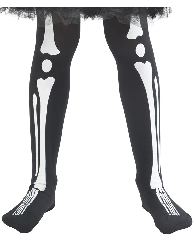 Black tights with white bone pattern worn by a person on a white background