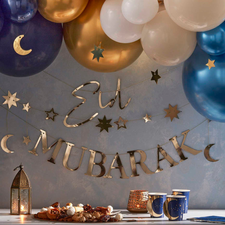 Eid Bunting Mubarak with Moons and Stars Gold