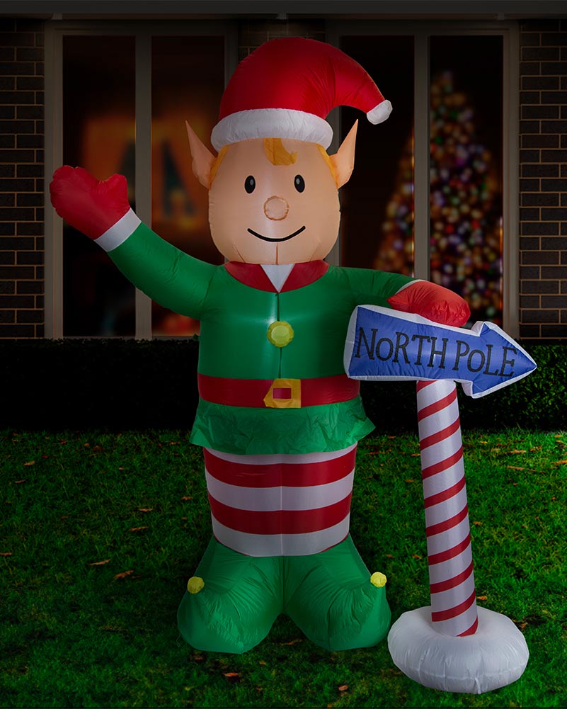 Elf with North Pole Sign Christmas Lawn Inflatable 2.4m