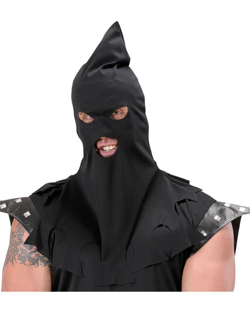 Person wearing a black executioner hood on a white background