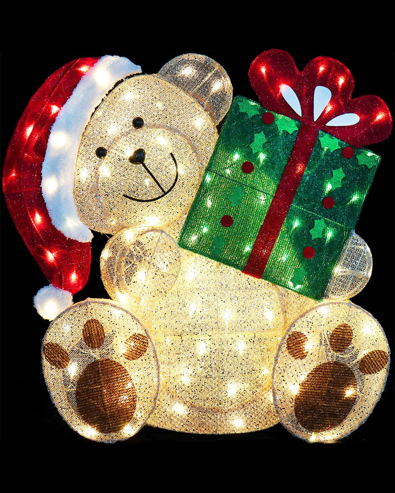 Glitter Mesh Teddy Bear With Present Twinkling Christmas Light Decoration 80cm