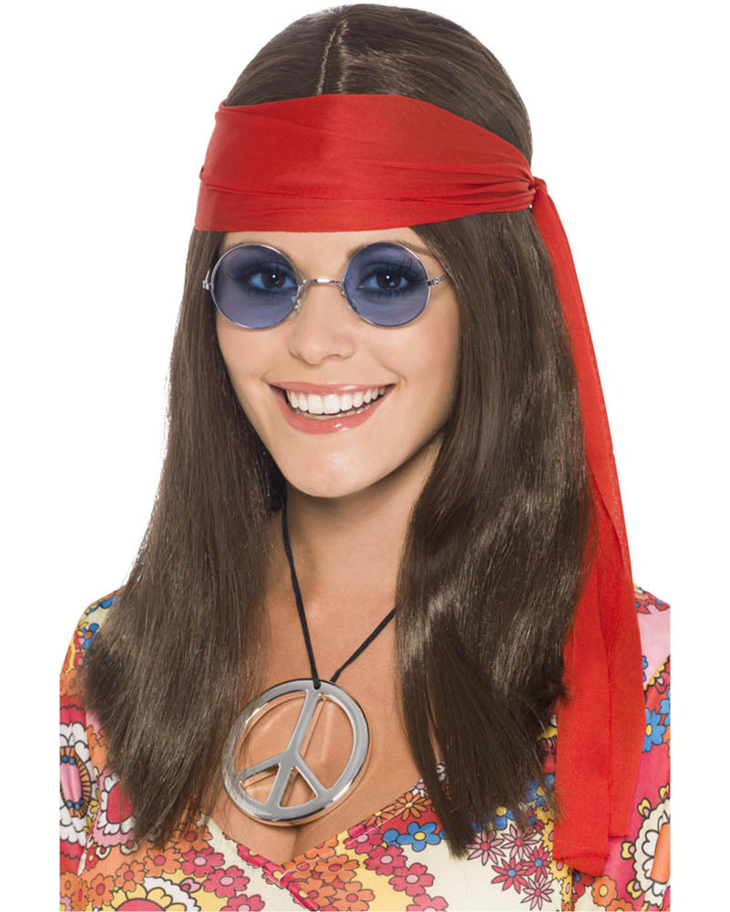 60s Hippy Chick Wig Sunglasses Necklace and Headband Set