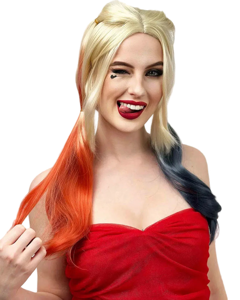 Joker Girl Blonde Pigtails with Red and Blue Tips Cosplay Premium Wig