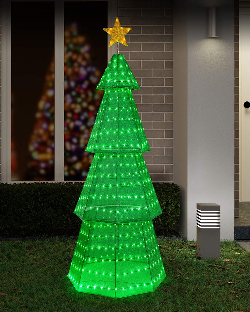 Flashing 4 Tier Green Mesh Tree LED Christmas Light 1.8m