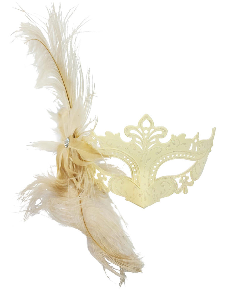 Masquerade Lace Cream Feathered Eye Mask