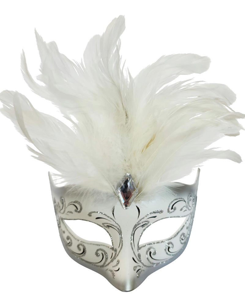 Masquerade Silver and White Feathered Eye Mask