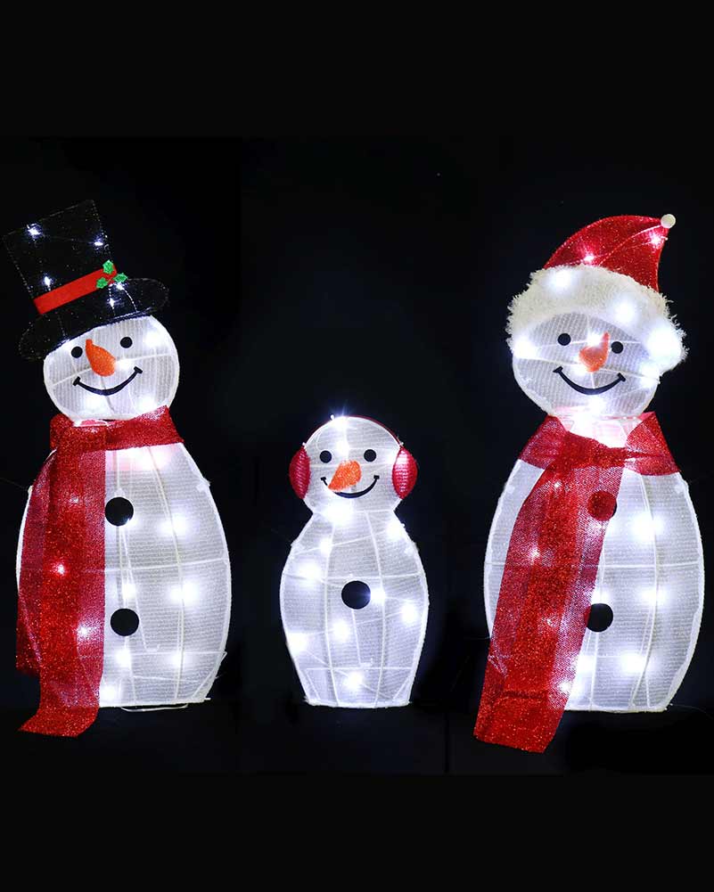 Mesh Snowman Family With Stands Flashing Christmas Light Decoration 1.1m