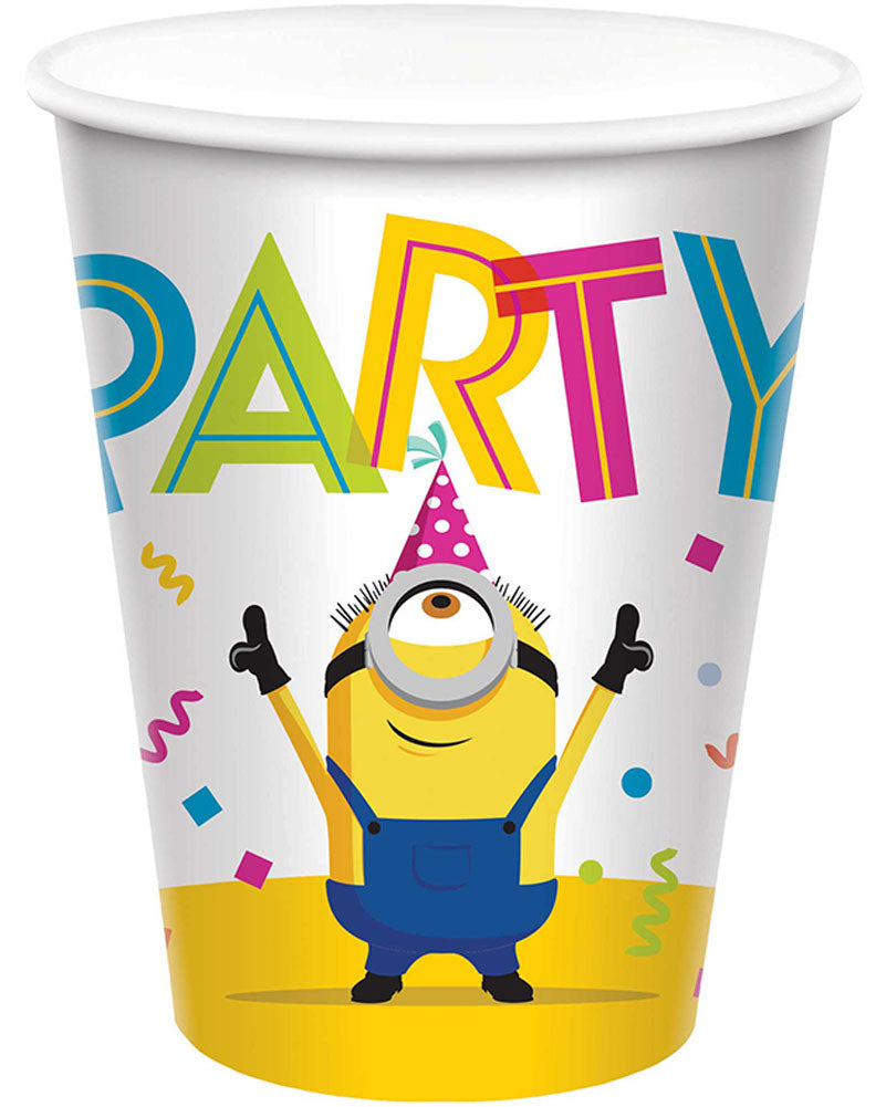 A white paper party cup featuring a colorful Minions design with the word 'PARTY' in large multicolored letters and a yellow minion character wearing a party hat and blue overalls.