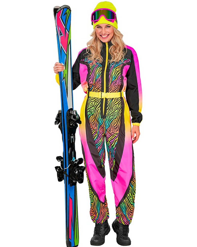 Neon Multicolour Animalier Zebra Ski Suit Womens Costume