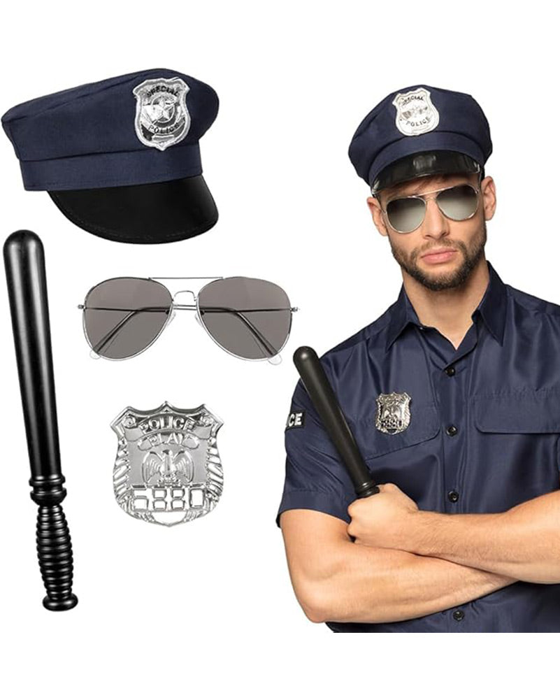 Police Hat Sunglasses Badge and Baton Set