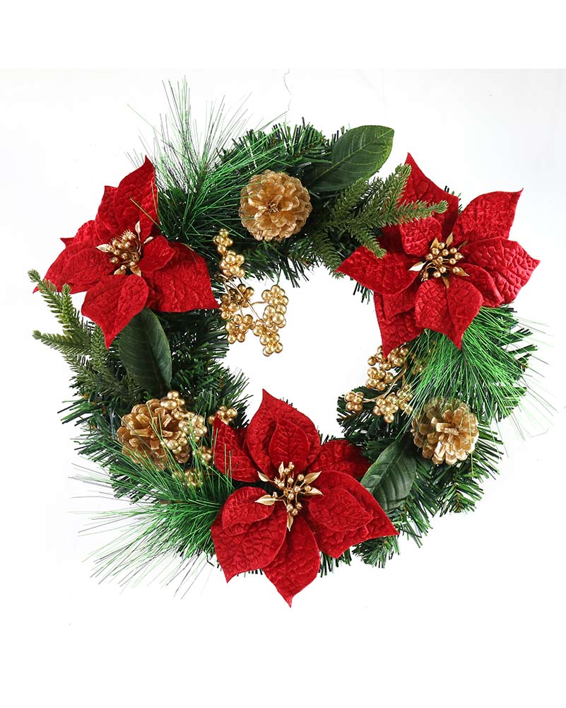 Red and Gold Poinsettia Pine Christmas Wreath 45cm