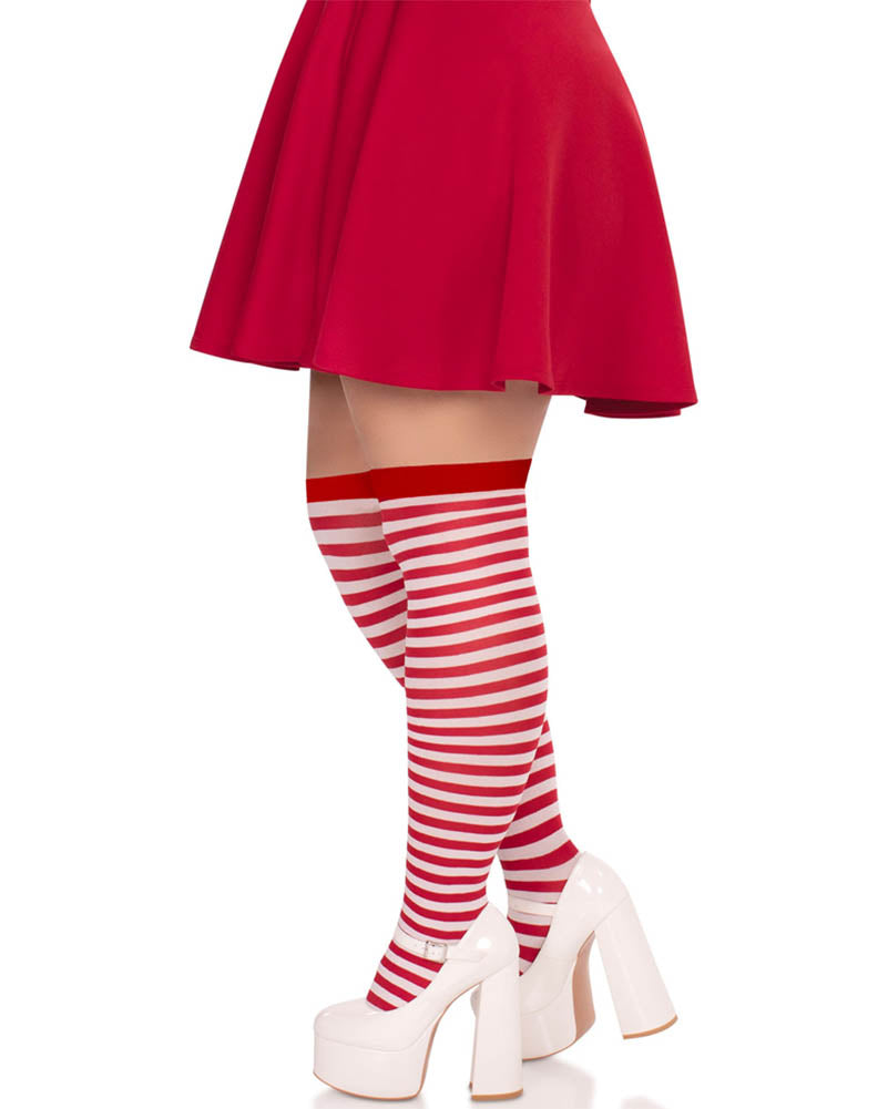 Red and White Stripe Plus Size Thigh High Tights