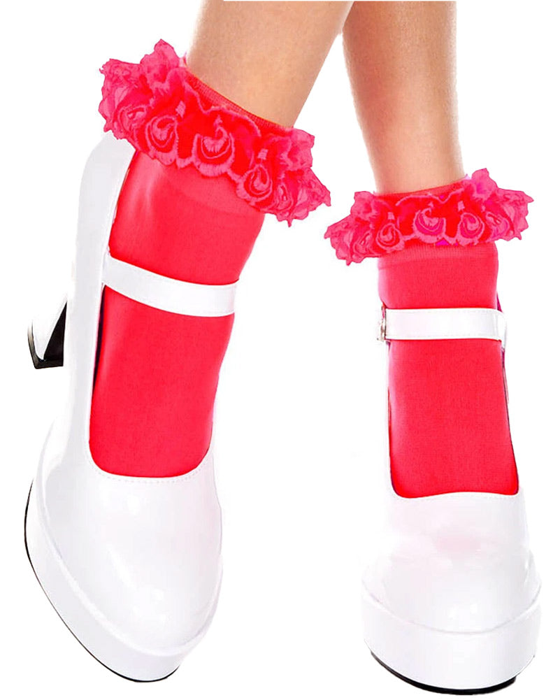 Red Ruffle Top Ankle Socks