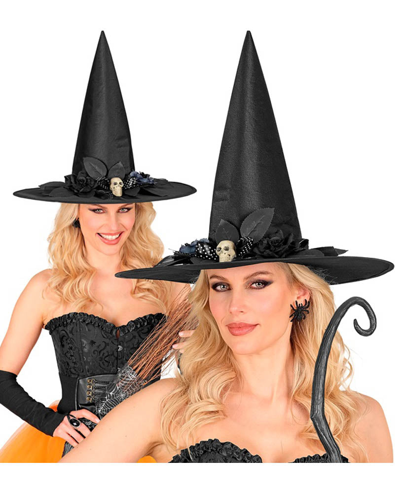 Skull Bow and Flowers Witch Hat