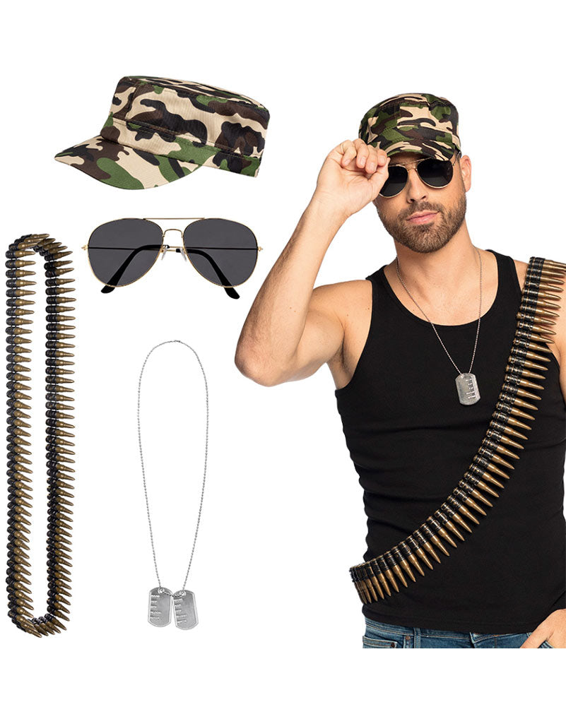Soldier Cap Sunglasses Necklace and Bullet Belt Set