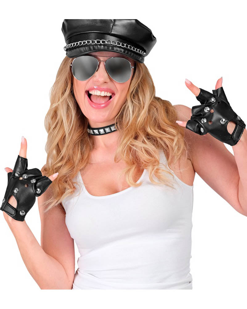 Studded Leather Look Fingerless Gloves