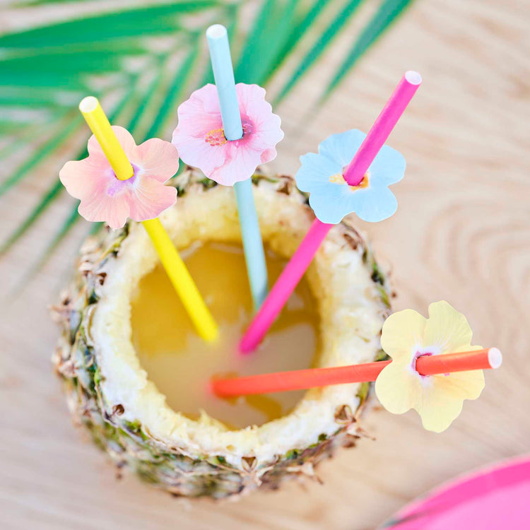 Tiki Tropics Hawaiian Paper Party Straws with Flower Toppers