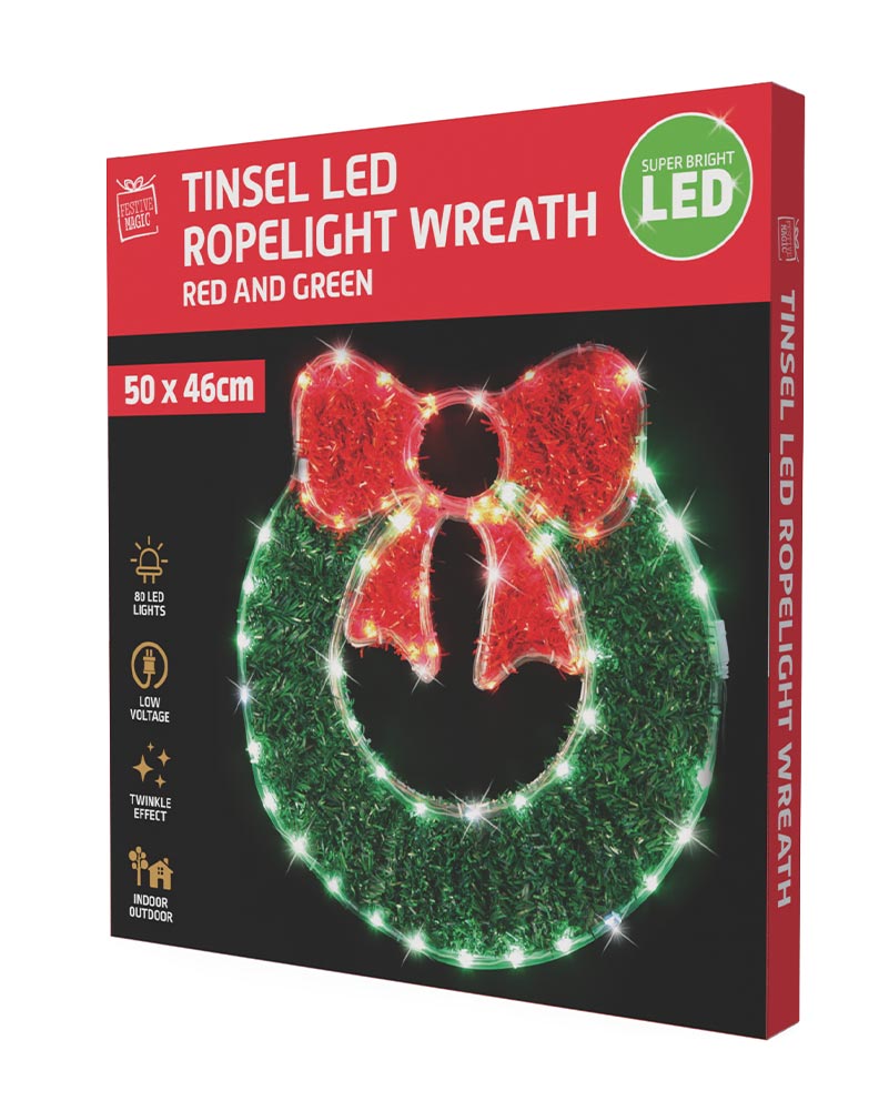 Twinkle Tinsel LED With Bow Christmas Wreath 50cm