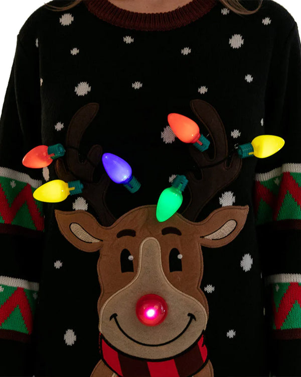 Ugly Reindeer with Light Bulbs Black Deluxe Adult Christmas Sweater