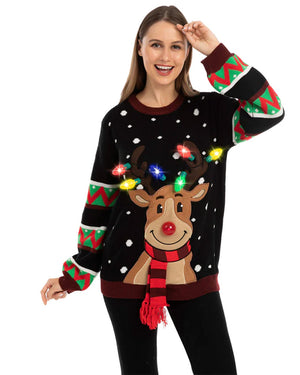 Ugly Reindeer with Light Bulbs Black Deluxe Adult Christmas Sweater