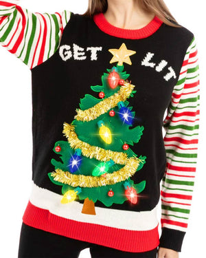 Ugly Get Lit Christmas Tree with Light Bulbs Deluxe Adult Sweater