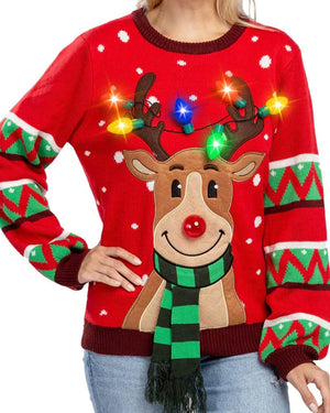 Ugly Reindeer with Light Bulbs Deluxe Adult Christmas Sweater