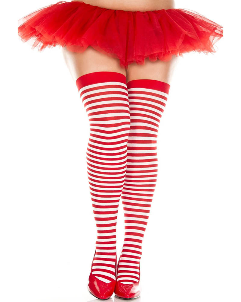White and Red Striped Opaque White Plus Size Thigh High Stockings