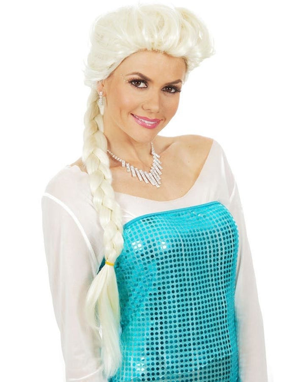 Image of woman wearing blue dress and blonde Elsa wig.
