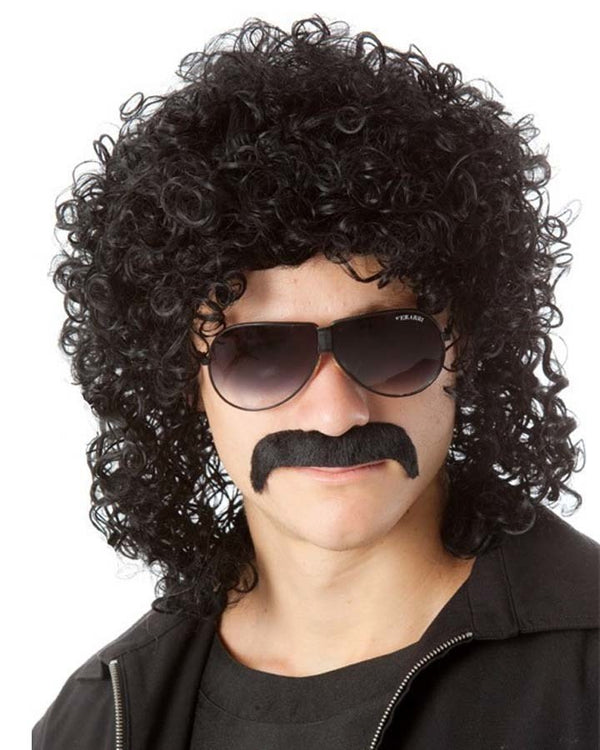 Image of man wearing aviator glasses and black curly wig and moustache.
