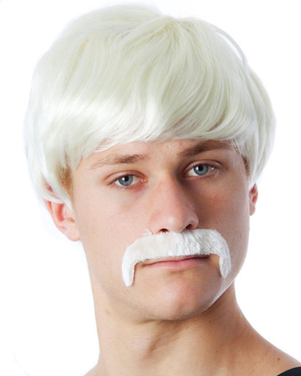 Image of man wearing German style blonde wig and moustache.