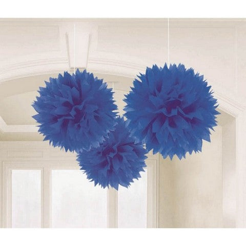 Royal Blue Fluffy Tissue Hanging Decoration Pack of 3