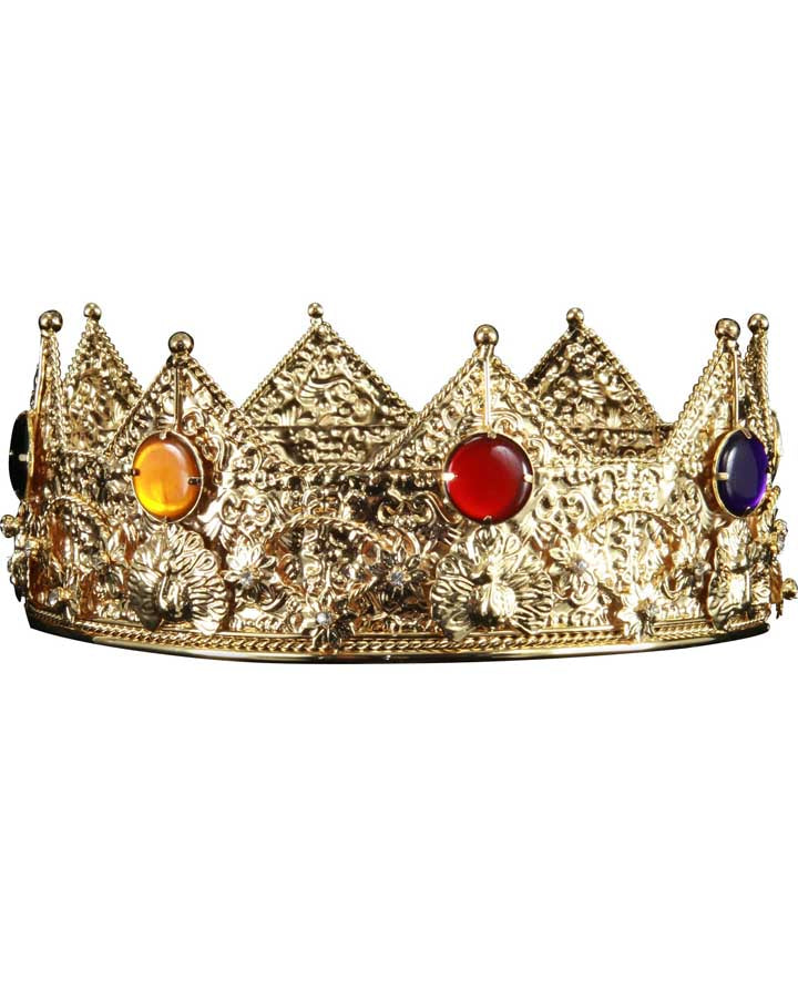Image of gold kings crown with faux gems.
