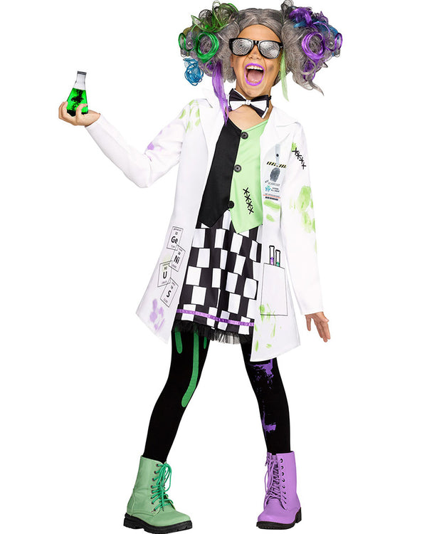 Image of girl wearing mad scientist costume with colourful wig, white lab coat and printed dress.