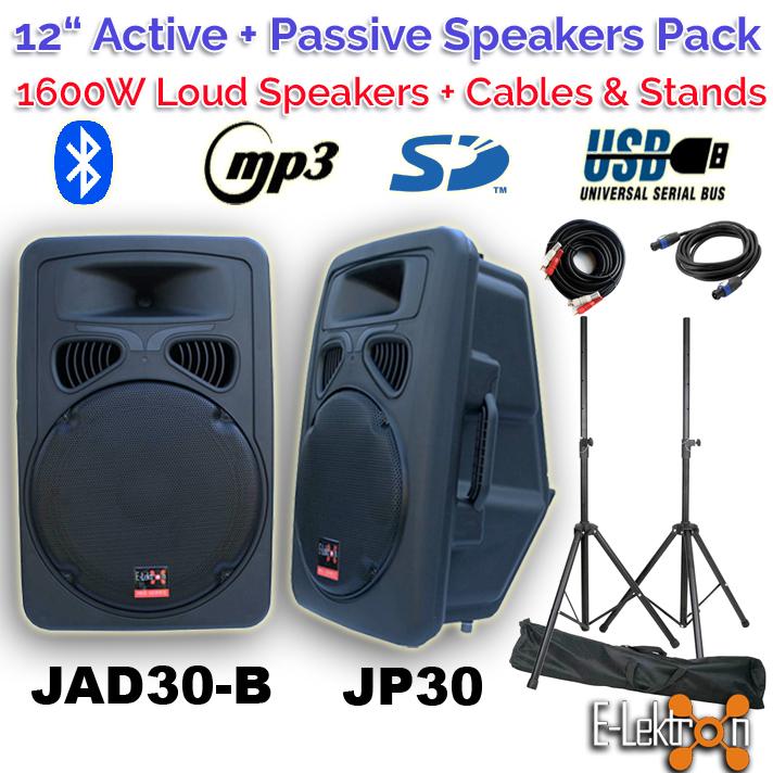 E-Lektron 2X12in Speakers 1600W Active+Passive Laud Sound System Bluetooth USB PA Set with 5M Speakon Cable and Stands