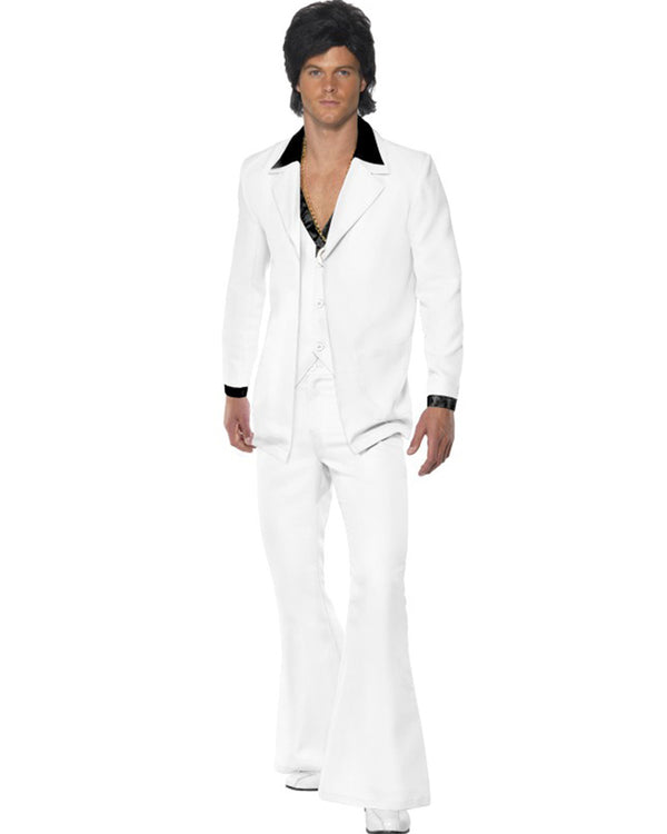 Image of man wearing white 70s style disco suit. 