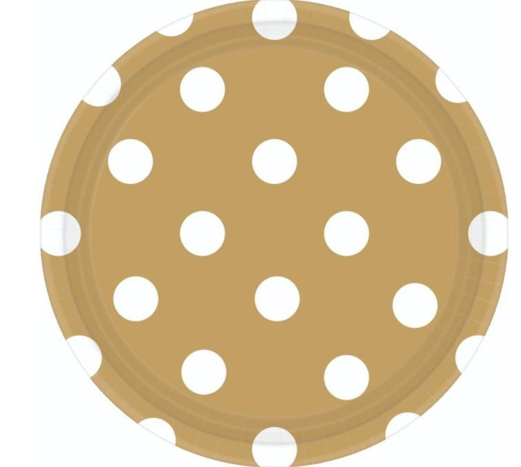Dots 17cm Round Paper Plates Gold Pack of 8