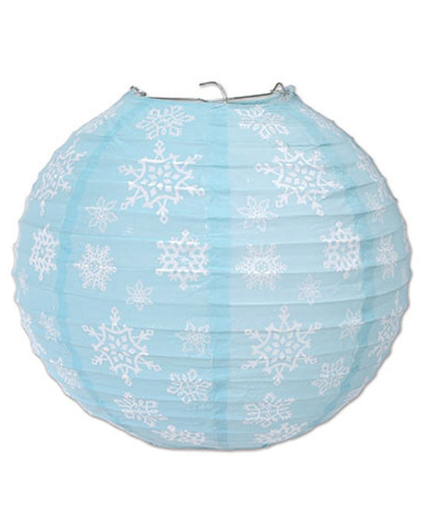 Image of light blue paper lantern with white snowflakes.