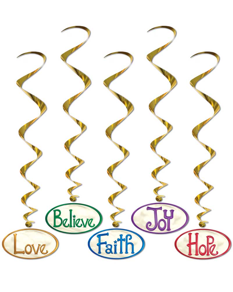 Image of gold hanging swirl decorations with different Christmas words like 'joy' and 'hope' attached.