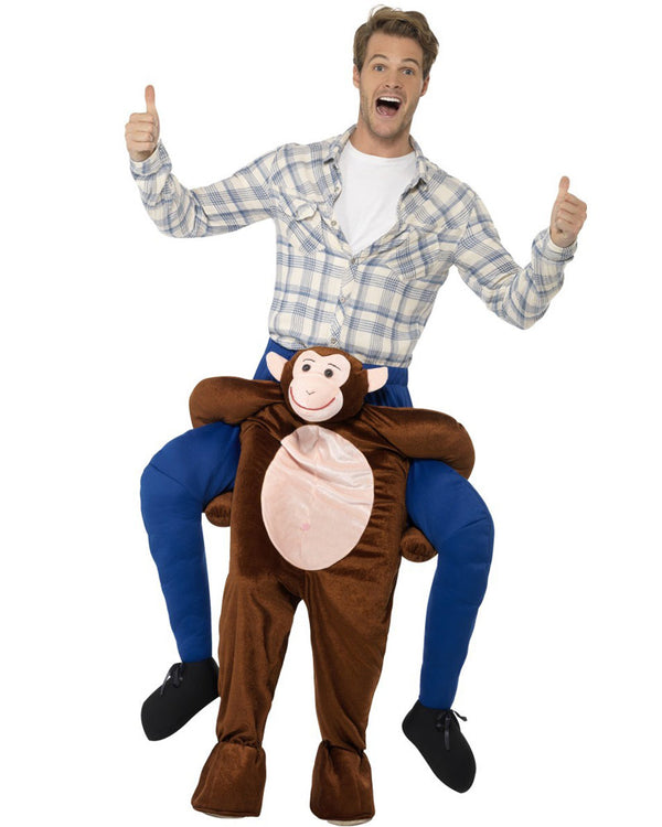Image of man wearing monkey piggyback costume. 