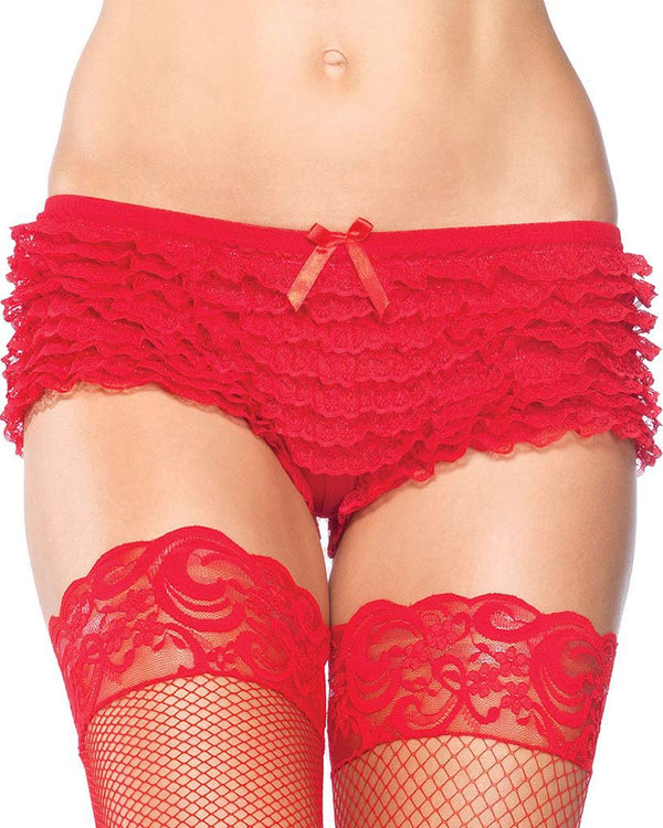 Red Micromesh Lace Ruffle Tanga Shorts