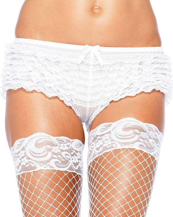 White Micromesh Lace Ruffle Tanga Shorts