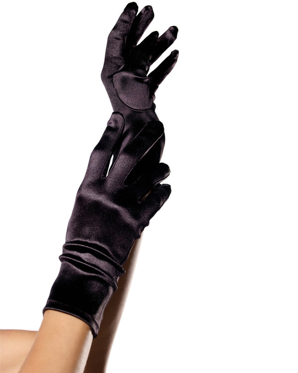 Wrist Length Black Satin Gloves