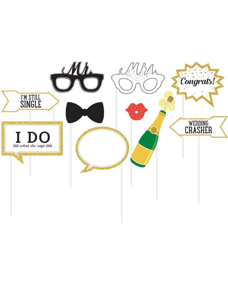 Glitter Wedding Assorted Photo Booth Props Pack of 10