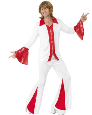 Image of man wearing white and red 70s style top and pants with flared sleeves and pants. 