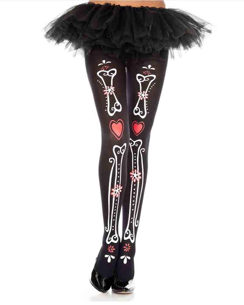 Bone and Heart Print Pantyhose
